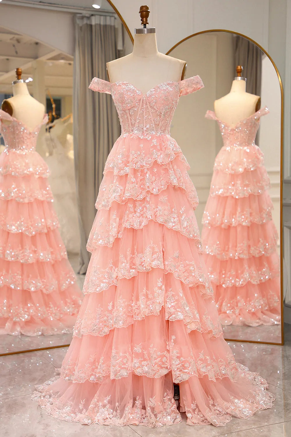 Wholesale Glitter Pink A-Line Long Tiered Corset Prom Dress With Sequined Appliques prom dresses with long sleeves